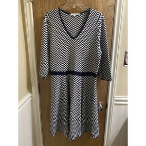 Boden Women's Chevron Dress Navy White 3/4 Sleeve Stretch Knit A Line Sz 16R